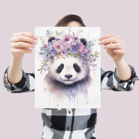 Watercolor Panda Bear With Flowers Portrait Wall Art Illustration Print Unframed - Picture 4 of 6